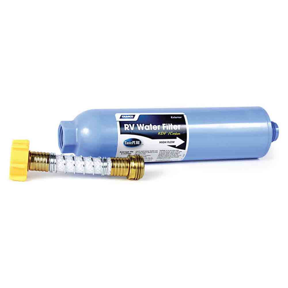 Camco Tastepure RV/Marine Inline Water Filter with Flexible Hose Protector - NSF Certified - Made in USA